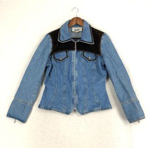 X&R Jeans VTG Women's Size Med Blue Denim Brown Silk Blend Full Zip Jean Jacket